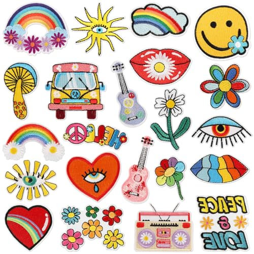 prota 22 Stück Hippie Flicken Bügeln Psychedelische Hippie Aufbügelnde, Aufnäher Zufällige Auswahl Hut Bügelbild zum Aufnähen von Kleidung Rucksack Jacken Jeans Hüte Hemd DIY Handwerk