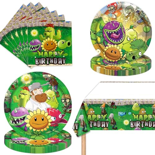 deenor 41Pack Plants Zombies Birthday Party Supplies include 20 plates, 20 napkins and Tablecloth for Zombies Party Decoration