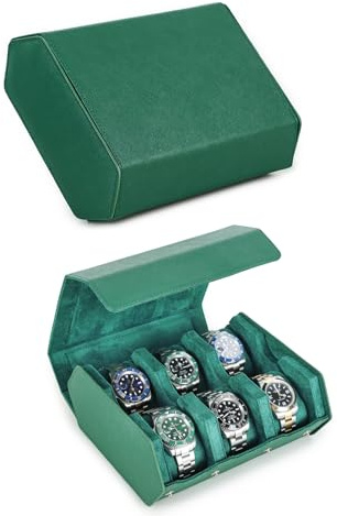 Hiram Sechseckiges Uhrengehäuse, Uhrenbox aus Saffiano-Leder für 6 Uhren, Sechseck Leder 6-Slot Uhren Schutzhülle Uhr Anzeigend Organisator für Männer (Grün)