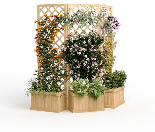 Sichtschutz für den Außenbereich mit Pflanzkasten – 157 x 25 x 165 cm, Zedernholz, Gartenzaun-Panel, 3 aufklappbare freistehende Bildschirme, Abflusslöcher, Hochbeet-Set für Hinterhof, Terrasse und