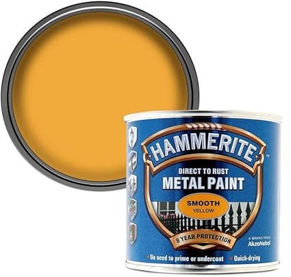 RYYN® Hammerite Metal Paint Smooth Yellow 250ml Direct To Rust Quick Drying No Primer Or Undercoat Needed Single Coat