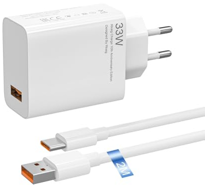 Cargador USB C 33W para Xiaomi con Cable 2M, Compatible con Redmi Note 13/13 5G, 12/12 5G/12S, 11/11S, 10 Pro/10S, para Xiaomi 11 Lite, 11 Lite 5G NE, Mi 10, 10T, 10T Lite, Poco X3 / X3 Pro / M4 Pro
