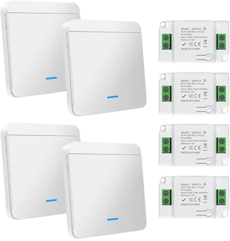 4 Stück Funkschalter Licht 230V 10A, Funkschalter Funk Lichtschalter Set mit Empfänger Kontrolle, Funk-Wandschalter Bis 50m Reichweite, 200-2000W Funktaster, Keine Verkabelung Erforderlich