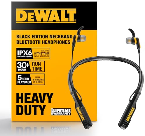 DEWALT Heavy Duty Bluetooth Neckband Headphones, Wireless Around the Neck Earbuds with 30H Runtime + Noise Isolation, Secure Magnetic Wireless Earbuds, Jobsite Pro Built-in Mic Bluetooth Headsets