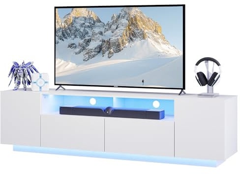 WLIVE TV-Schrank LED für Fernseher bis zu 75 Zoll, TV Lowboard mit Großem Stauraum, Fernsehtisch mit RGB LED-Beleuchtung, TV Board für Wohnzimmer Schlafzimmer, Weiß