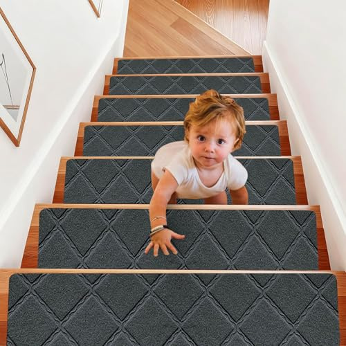 15 Stück Stufenmatten Selbstklebend, Treppenstufen Matten Rutschfest, Selbstklebend, Stufenmatten für Innenbereich, Treppenstufen Teppich für Kinder, Ältere & Haustiere (Dunkelgrau, 55x19)