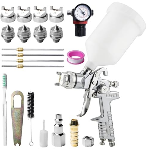 HVLP - Pistola a spruzzo con 4 ugelli, 1,4 mm, 1,7 mm, 2,0 mm, 2,5 mm, sistema professionale di spruzzatura per vernice, pistola a spruzzo ad aria compressa con bicchiere di plastica e misuratori di