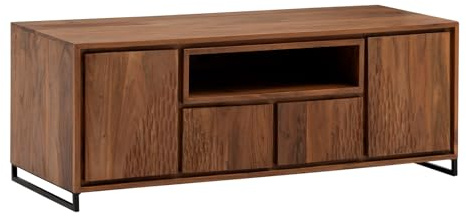 Woodkings TV-Bank Maddox 120 cm aus massiver Akazie – Lowboard mit 2 Türen, 2 Schubladen, offenem Fach und Metallfüßen Schwarz