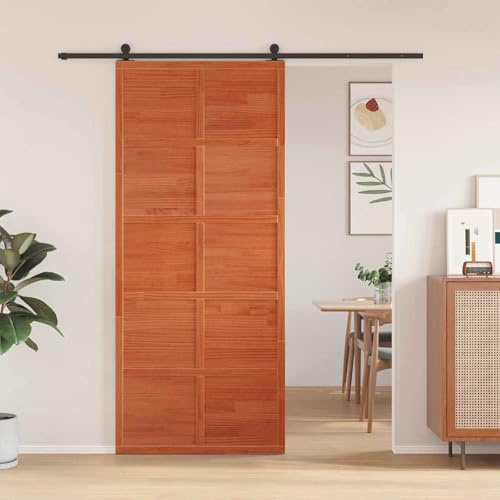 QUAHEAS Porta fienile marrone cerato in legno di pino massiccio, 90 x 208 cm, porta scorrevole per interni, con design rustico e sistema scorrevole salvaspazio, ideale per casa, camera e