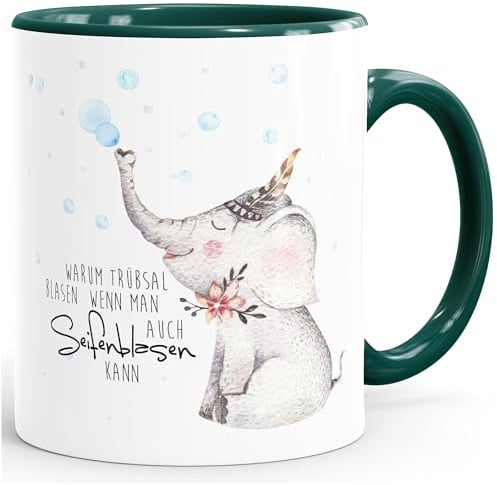 MoonWorks KaffeeTasse Elefant Warum Trübsal blasen wenn man auch seifenblasen kann Spruch Motivation positives Denken fröhlich Gruen unisize