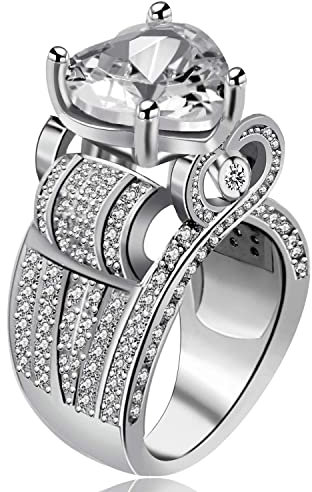 Uloveido Argent Couleur Coeur Forme Énorme Simulé Diamant De Mariage Bagues de Fiançailles Graduation Cadeaux d'anniversaire pour Les Filles (Taille 59.5) Y429