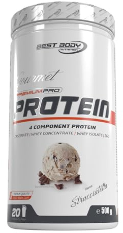 Best Body Nutrition Gourmet Premium Pro Protein Stracciatella 500g Dose, 4 Komponenten Eiweißpulver mit Caseinat, Whey, Isolat, Eiprotein – Mehrkomponenten Protein, cremiger Shake