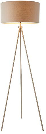 Quatro Modern Matt Nickel Tripod Standing Switched Floor Lamp with a Grey Fabric Cylinder Light Shade