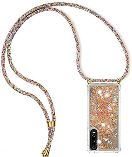 HongMan Collier Coque pour Huawei P30 - Mode Tour de Cou Telephone Étui Paillettes Quicksands Liquide Glitter Cover, Housse pour Smartphone Lanyard Transparente Case