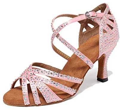 LITNERMIA Sandali da donna per festa di nozze aperti sul davanti con cinturino incrociato strass tango ballo latino scarpe da ballo,LA1204B rosa 7.5cm,38 EU
