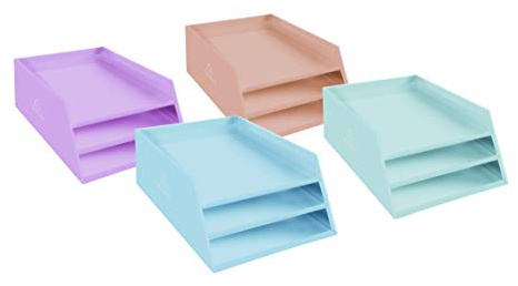 Exacompta 13496D 4er Pack Briefablage Aquarel aus extra starkem Karton mit 3 Fächern abgestuft für DIN A4+ Dokumente 35x29x19 cm farbig sortiert Briefablage Ablagekorb Ablagebox