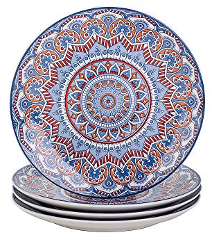 vancasso serie Mandala Vajilla Porcelana Juego de 4 Platos Llanos Pintado a mano Plato de Cena/Desayuno, Redondo Azul Claro