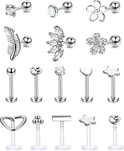 Milacolato Vorwärts Helix Knorpel Tragus Ohrringe Ohrstecker Edelstahl Acryl Klare Lippen Nasenringe Labret Ohrstecker CZ Blumen Blatt Opal Langhantel Helix Knorpel Ohrring Monroe Piercing Schmuck 16G