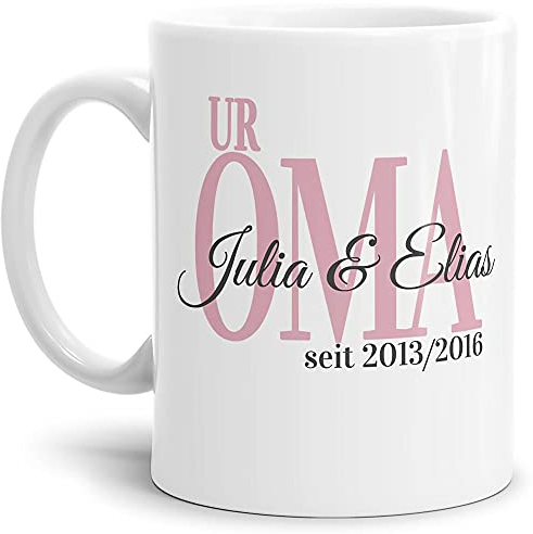 Tasse - Uroma seit - zum selbst Gestalten mit Kindernamen und Geburtsjahren - Geschenk für die beste Uroma - Keramiktasse, Weiß Glanz, 300 ml