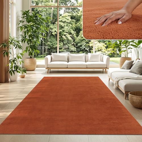TT Home Wohnzimmer Teppich Kurzflor Anti-Rutsch Rückseite Unifarben Modern Waschbar, Farbe: Dunkelorange, Größe:200x280 cm