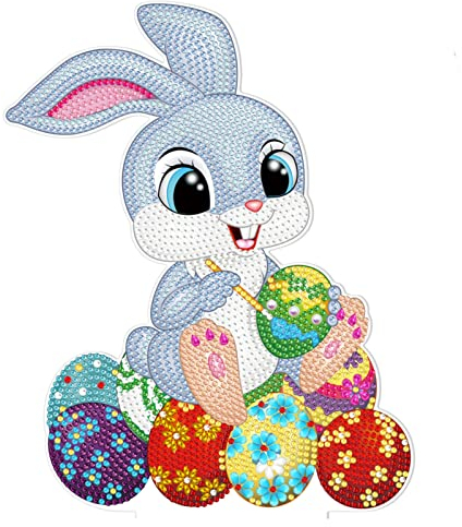 RAILONCH 5D DIY Ostern Diamond Painting, Hase Ostereier Handwerk Ornamente mit Aufsteller, Oster Deko Geschenk zum für Wand Und Eingang Dekoration (#1)