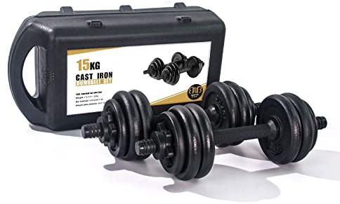 BNB SPORTS Bodybuilding Hantel, Hanteln set 15 & 20 kg, Gewichtstraining, Gusseisen mit Gehäuse, gerändelte Stangen, Spinlock Kragen, verstellbare Hanteln mit vollen Silber Gewichte, Schwarz
