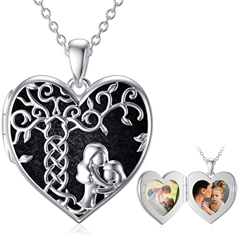 Shusukue Herz Medaillon Kette 925 Sterling Silber Mutter Tochter Kette Lebensbaum Kette Herz Schwarz Anhänger mit Foto Bilder Mama Schmuck Geschenke für Mutter Mädchen Kinder
