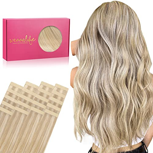 WENNALIFE Tape Extensions Echthaar, 20pcs 50g 40cm 16 Zoll Dreckiges Blond Highlights Bleichblond Remy Invisible Tape Extensions Seidig Gerade Echthaar Extensions Skin Weft Tape Ins