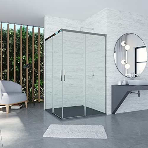 ANUKET, mampara de ducha, vidrio transparente, altura-198,5cm, rango- (87-90x67-70), aluminio, Cromo, Angular 2 hojas correderas + 2 hojas fijas, 70x90cm