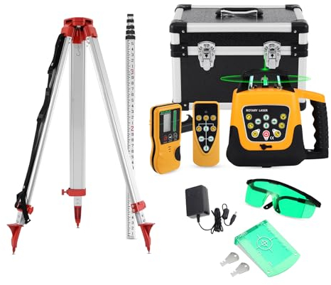 Iglobalbuy Kit di Livella Laser Rotante 360° Autolivellante Raggio Verde con Treppiede e Asta Graduata, Raggio d'azione Fino A 500m di diametro, Orizzontale e verticale (Rotary Laser)