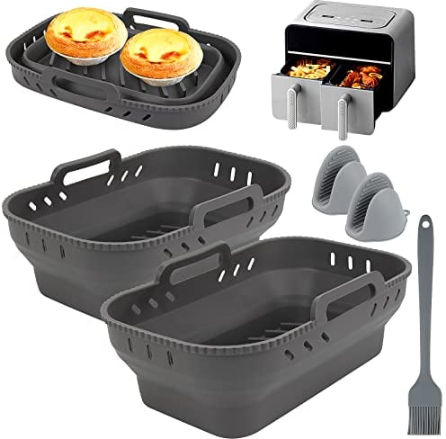 Meetory Silicone Air Fryer Liners for Ninja Air Fryer Dual, 2 Pack Ninja Silicone Air Fryer Liners Reusable with Silicone Mitts and Brush Foldable Ninja AF300UK/AF400UK Dual Air Fryer Accessories