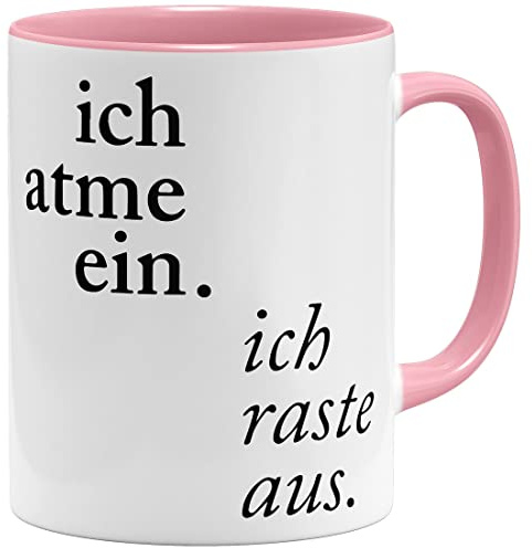 OM3® Lustige Tasse mit Spruch - Ich atme ein -> ich raste aus - Keramik Becher - 11oz 325ml - Beidseitig Bedruckt - Rosa