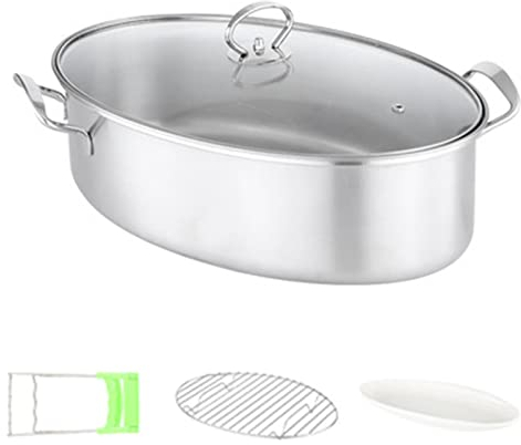 8Qt Pot À Poisson Cuit À La Vapeur 304 En Acier Inoxydable Ovale Ensemble De Vapeur De Poisson Avec Rack, Casserole En Céramique, Mandrin, Stockpot Pour Les Poissons Fumantes, Soupe Bouillante,Argent
