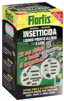 Flortis Kit Microkill. Set tanica insetticida liquido antizanzare 2L, pistola e lancia. Antizanzare giardino contro zanzare, mosche, zecche e insetti. Con cipermetrina e tetrametrina. Pronto all'uso.