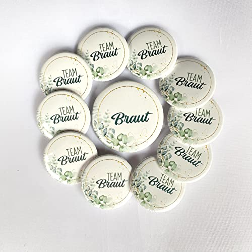 JGA-Button-Set Goldkranz Eukalyptus I 1xBraut (Ø50 mm)+ 10xTeam Braut (Ø37mm) I grün + weiß I Hochzeit JGA Party Anstecker