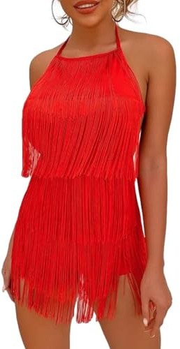Ella Lust Sexy rückenfreies Fransenkleid, Jumpsuit – Western-Landkonzert, Cowgirl-Outfit für Damen, Nashville Quaste Strampler, Rot/Ausflug, einfarbig (Getaway Solids), Large