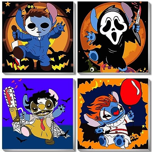 Lot de 4 peintures par numéros pour enfants avec cadre Stitch, Halloween Paint by Numbers Adulte, Kit de peinture sur toile pour débutants, visage fantôme, Horreur Michael Myers, 20 x 20 cm