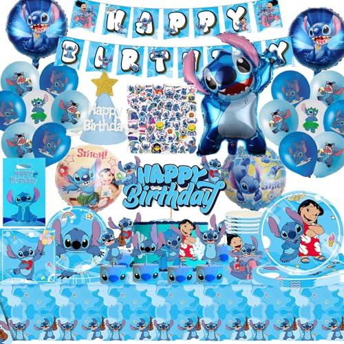 Stiitch Gebutstag Partygeschirr,Stiitch Deko Geburtstag,149pcs Stiitch Geburtstag Dekoration Set,Stiitch Geburtstagsdeko Luftballons,Geeignet für Themenpartys