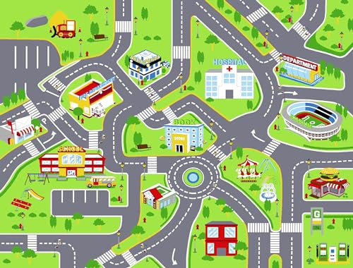 Booooom Jackson Kinder Spielteppich Straße mit Rutschfester Rückseite,Farbenfroher Kinder Teppich für Schlafzimmer und Spielzimmer,Teppich Zum Thema Transport Spielteppich für Junge Mädchen
