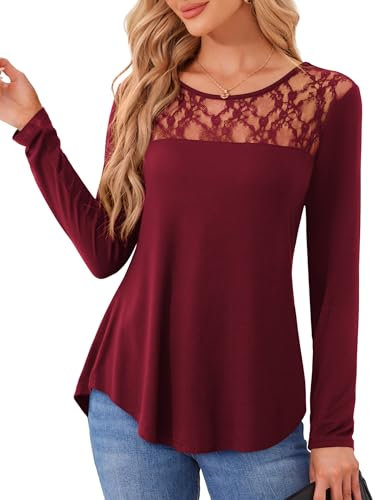 Amoretu Long Sleeve T Shirts Women Lace Mesh Blouses Round Neck Longline Tunic Christmas Tops Burgundy Size 16 18