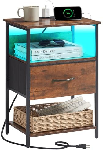 Somdot Bedside Table with Charging Station and LED Light, Bedroom Bedside Cabinet with 2 Outlets and 2 USB Ports, Nightstand Side Table End Table for Dorm Kids Room Closet, Wood Grain Print