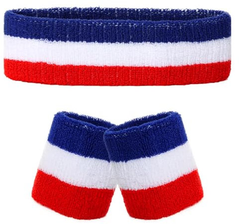 3-Set Schweißbänder Stirnband Armbänder Retro neon 80er 90er Outfit Sport Karneval Accessoires (Rot Weiß Blau)