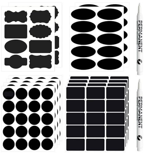 Etiketten Selbstklebend, 176 Schwarze Etiketten, Selbstklebend mit 2 Stiften, Tafel Aufkleber, Wasserfest Abwischbar Aufkleber, Abziehbar für Glasflaschen, Gewürzgläser, Marmeladengla