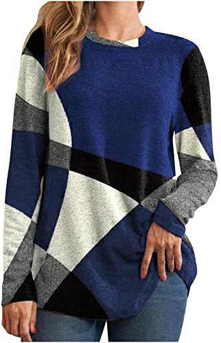 Fall Winter Fleece Tops for Women UK 2024 Casual Long Sleeve Crewneck Pullover Shirts Dressy Trendy Geometric Print Blouse Ladies Elegant Color Block Sweater Jumper Tops