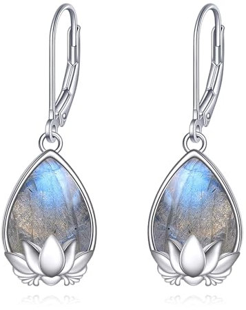 AXELUNA Labradorit Lotus Ohrringe für Frauen 925 Sterling Silber, Lotus Blume Labradorit Teardrop Dangle Ohrringe Geschenke für Mutter, Schwester, Großmutter, Ehefrau