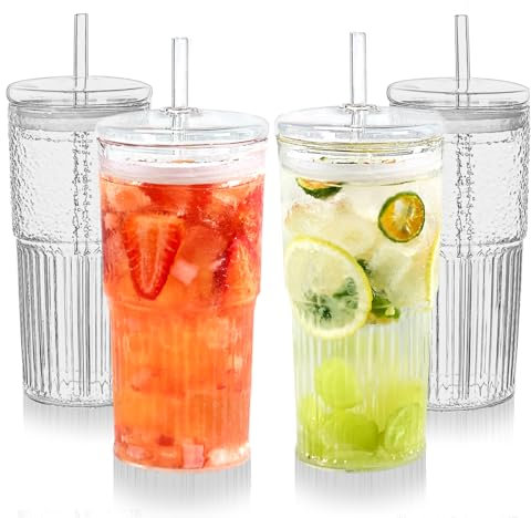 Puraville 20oz Glass Cups with Lids and Straws, 4 Pack High Borosilicate Iced Coffee Cups Drinking Glasses Tumbler for Smoothie, Water, Tea, Juice Drinks, Clear