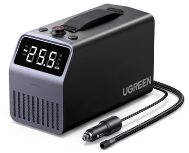 UGREEN Luftkompressor mit 3x4500mAh Akku, 150PSI 12V Tragbare Automatische Reifenpumpe für 4 Reifenfüller mit Digitalanzeige für Autos, Motorräder, Fahrräder, Ballons