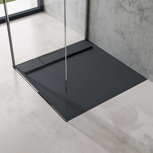 doporro Plato de Ducha 80x80x4cm Mármol Fundido en Antracita Conexiones DIN apto para Instalación a ras de Suelo Geoma04