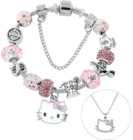 FYFLYMT Kitty Armband Geschenke für Mädchen,2Pcs Kitty Schmuck Set,Kitty Charm Armband Mit Anhänger und Kitty Kette,Cartoon Verstellbares Armband für Mädchen Geschenke