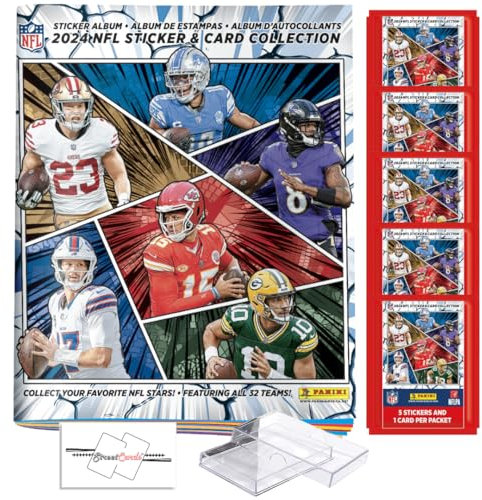 2024 Panini NFL-Sticker & Kartensammlung + 25 Stück Schutzkartenbox + StreetCards Magnet! (5 Packungen + Album (25 Aufkleber & 5 Karten), 1, Count)
